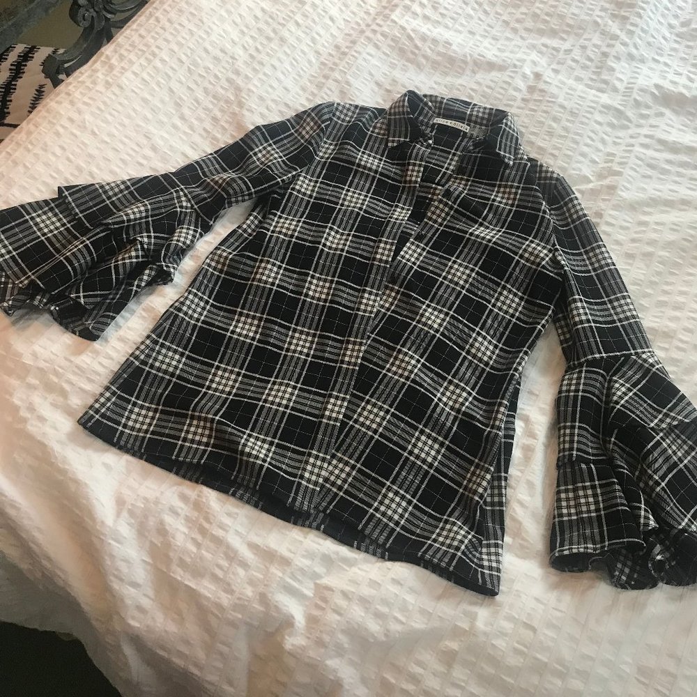 Alice + Olivia Plaid Trumpet Sleeve Shirt